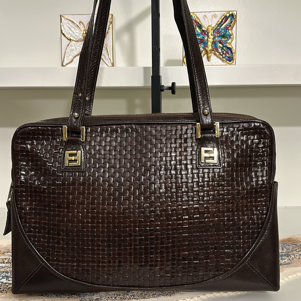 SOLD Fendi FF Logo Intrecciato Leather Shoulder Bag - Picture 1 of 17